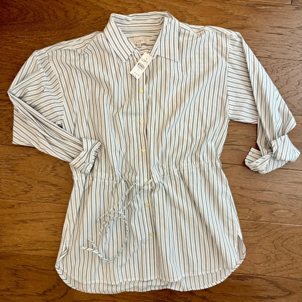 LOFT White and Light Blue Striped Button-Front Tunic